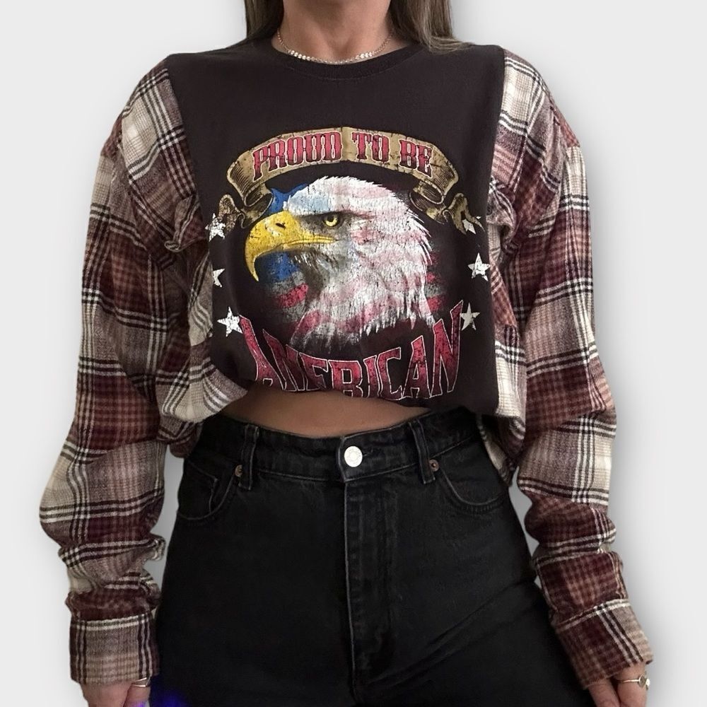 Reworked Upcycled Patriot USA Bald Eagle Grunge Biker Plaid Long Sleeved Shirt